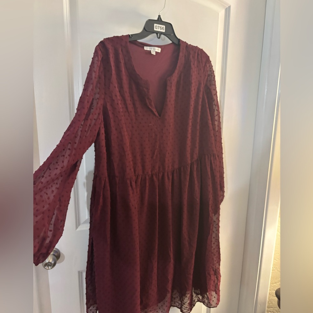 Sandra Darren Burgundy Swiss Dot Long Sleeve Dress Sz 30W NWT